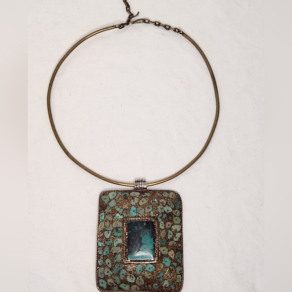 Silver & Gold Mosaic Turquoise Necklace - Picture 3 of 15